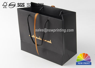 Ribbon Decoration Luxury Black Gift Paper Bags With Logo Hot Gold Stamping