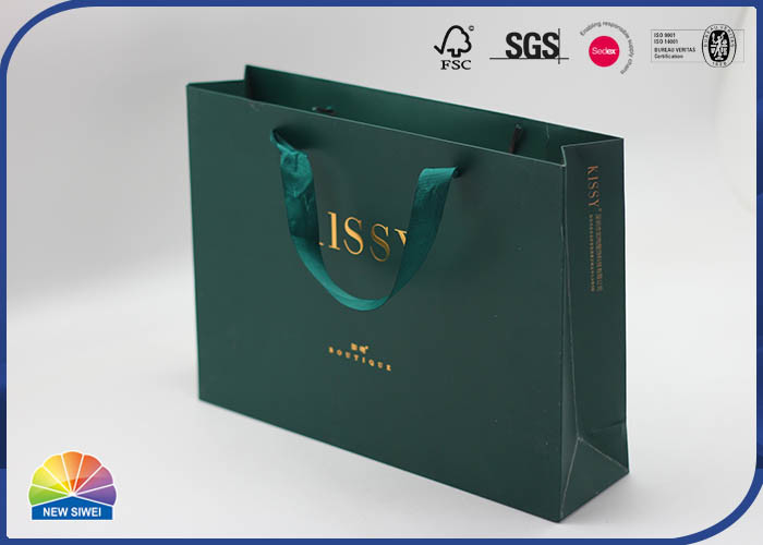 350g Green Coated Shopping Paper Gift Bags Customized Logo With Silk Handle